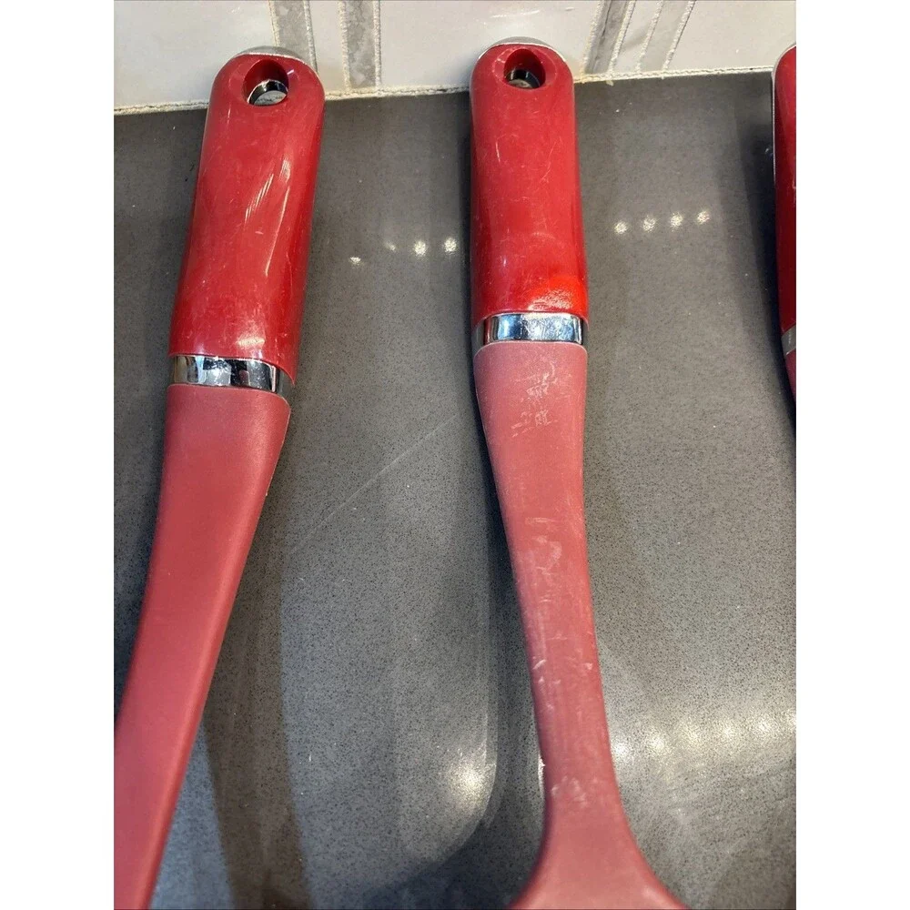 Lot 4 KitchenAid Kitchen Utensils Empire Red Spatula Ladle Reg & Slotted Spoon